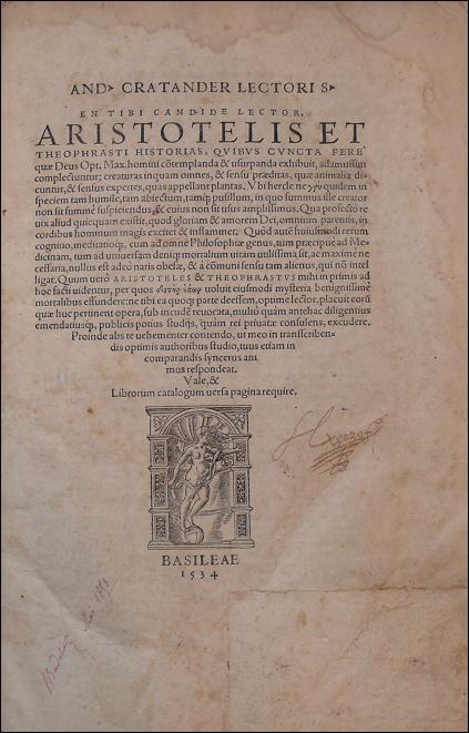 And. Cratander lectori s. en tibi candide lector, Aristotelis et Theophrasti historias,