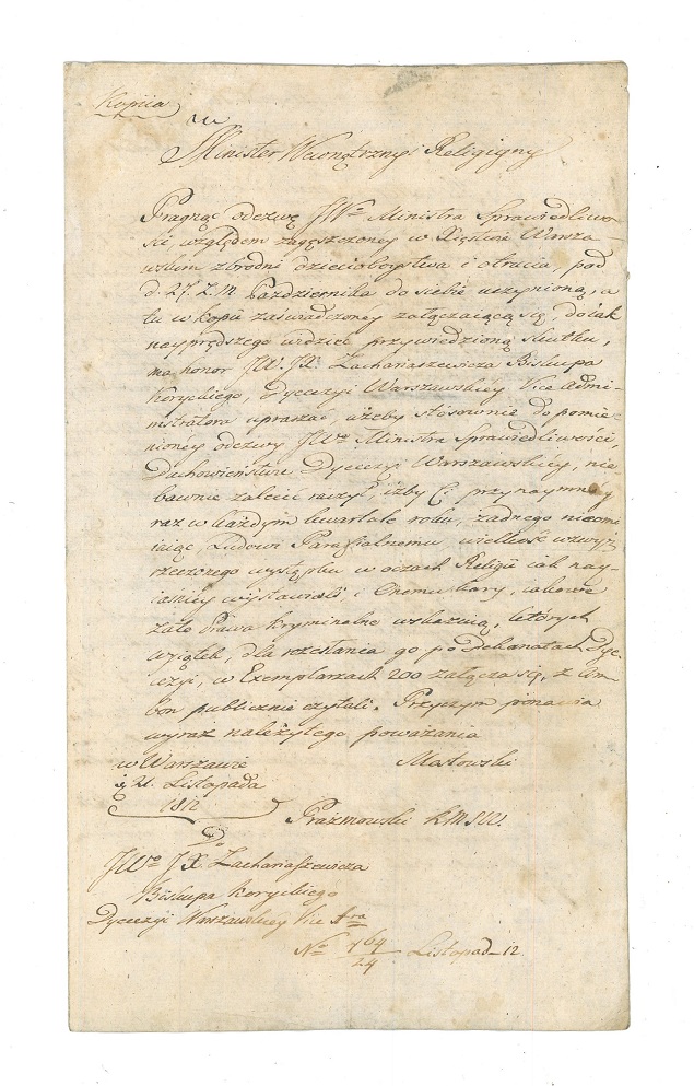 (DEKRETY antyaborcyjne 1812). Zachariasiewicz Grzegorz (1740-1814), biskup diecezji warszawskiej.