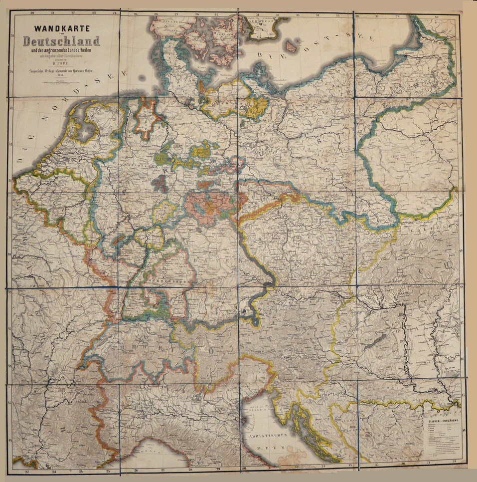 (EUROPA rodkowa, linie kolejowe). Wandkarte von Deutschland und den angrenzenden Landestheilen mit Angabe aller Eisenbahnen.